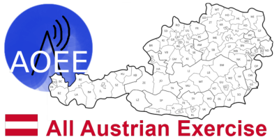 Eine Karte von Österreich mit einem blauen Kreis, der 'AOEE' und ein Signalsymbol zeigt, und darunter steht 'Alle österreichischen Übungen'.