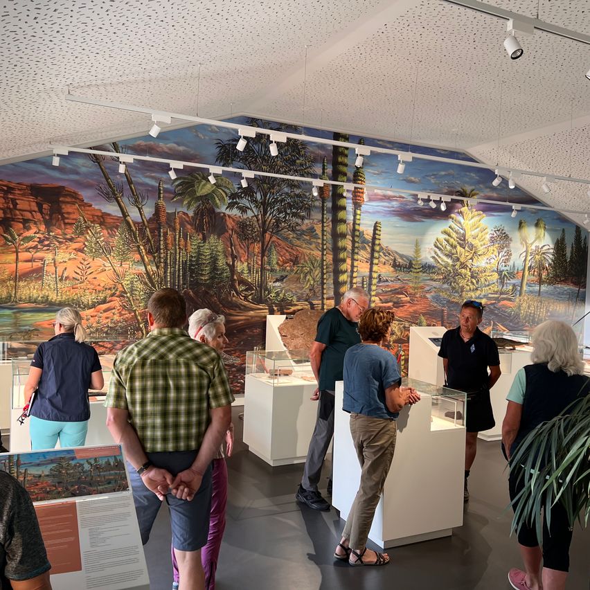 Eine Gruppe von Menschen steht vor einer großen Wandmalerei in einem Museum. Die Wandmalerei zeigt eine prähistorische Landschaft mit verschiedenen Pflanzen und Tieren. Die Menschen betrachten die Wandmalerei und einige halten Broschüren in den Händen.