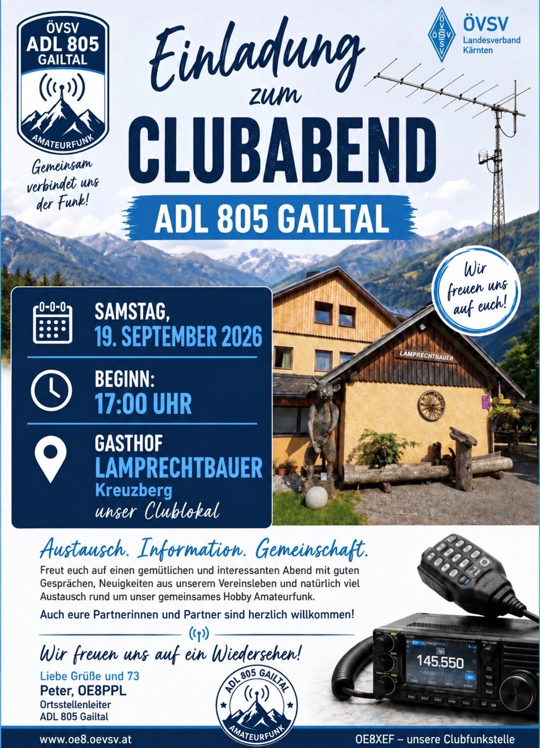 Plakat für einen Clubabend im Gasthof Lamprechtbauer in Kreuzberg am Samstag, 19. September 2026, Beginn um 17:00 Uhr. Das Plakat zeigt ein Haus mit einer Statue, Bergen und einem Radio. Der Plakat enthält einen Aufruf zum Austausch, zu Informationen und zur Gemeinschaft.