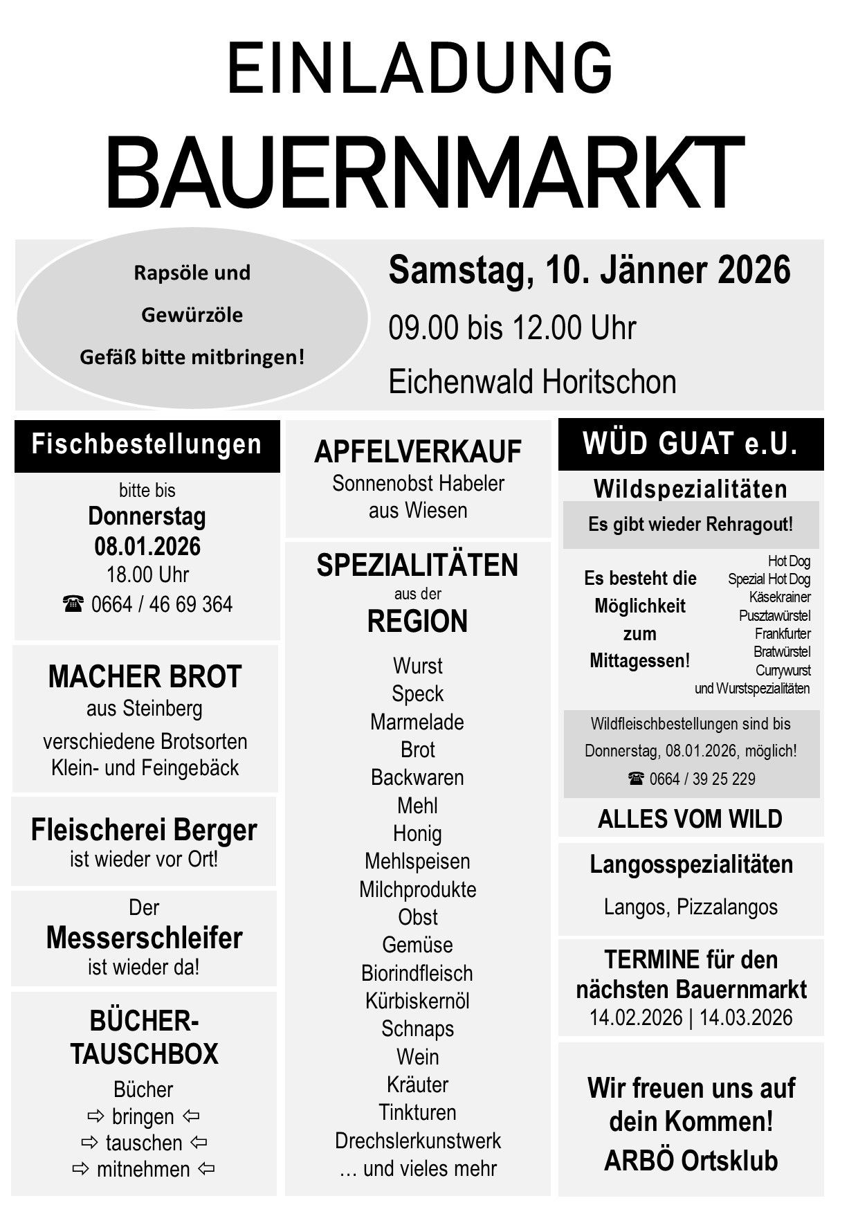 Plakat mit Veranstaltungsdetails für Samstag, 10. Jänner 2026, von 09:00 bis 12:00. Veranstaltung in Eichenwald Horitschon. Fischbestellungen bis Donnerstag, 08.01.2026, 18:00. Spezialitäten umfassen Wurst, Speck, Marmelade, Speck, Honig und Milchprodukte. Wildfleischbestellungen möglich.