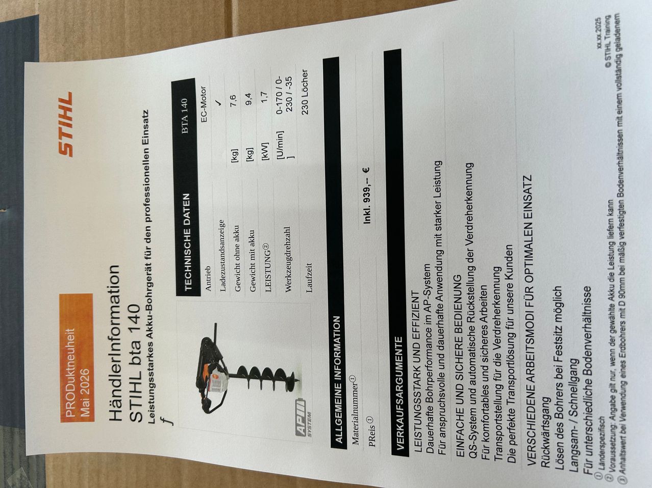 Product manual for Stihl bta 140 with detailed specifications, including EC-Motor, weight, power, and technical data. The manual also includes information on the warranty and user manual.