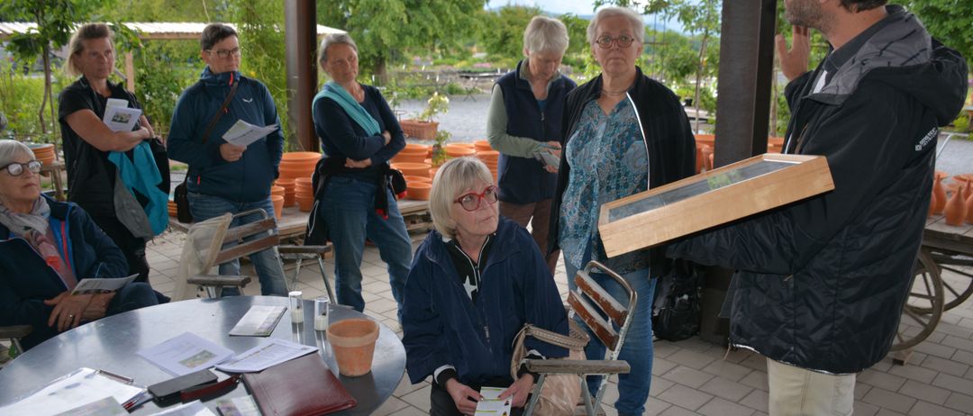 Eine Gruppe von Menschen steht draußen in der Nähe eines Tisches. Ein Mann hält einen Holzrahmen, während ein anderer sitzt und liest. Bäume und Pflanzen sind im Hintergrund.