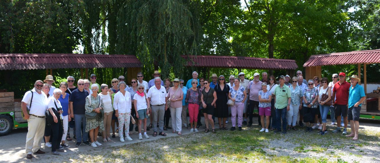 Eine Gruppe von Menschen, wahrscheinlich auf einer Tour, steht draußen in einem Park mit Bäumen und Überdachungen im Hintergrund.