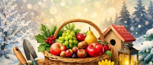 Postkarte für das neue Jahr 2026 mit einem Korb voller Früchte, Gartenwerkzeugen, einem Vogelhaus und einer Laterne. Im Hintergrund sind Schnee, Weihnachtsbäume und Feuerwerk zu sehen.