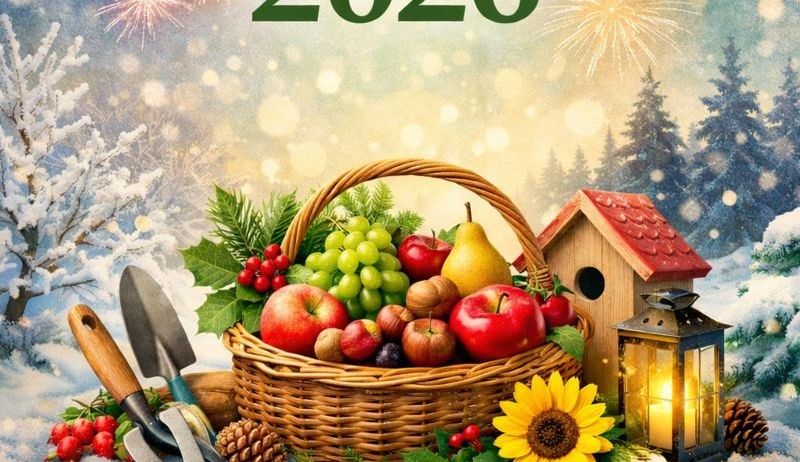 Postkarte für das neue Jahr 2026 mit einem Korb voller Früchte, Gartenwerkzeugen, einem Vogelhaus und einer Laterne. Im Hintergrund sind Schnee, Weihnachtsbäume und Feuerwerk zu sehen.