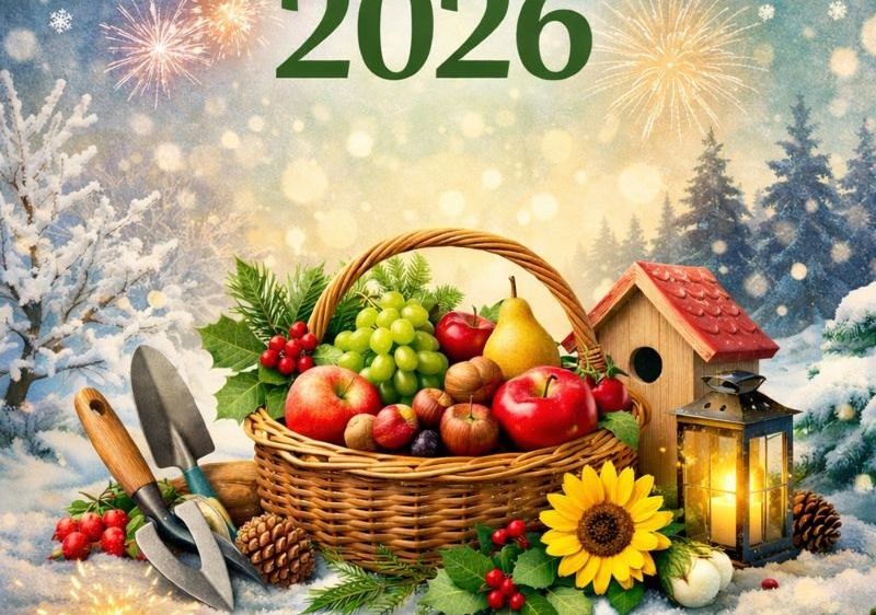 Postkarte für das neue Jahr 2026 mit einem Korb voller Früchte, Gartenwerkzeugen, einem Vogelhaus und einer Laterne. Im Hintergrund sind Schnee, Weihnachtsbäume und Feuerwerk zu sehen.