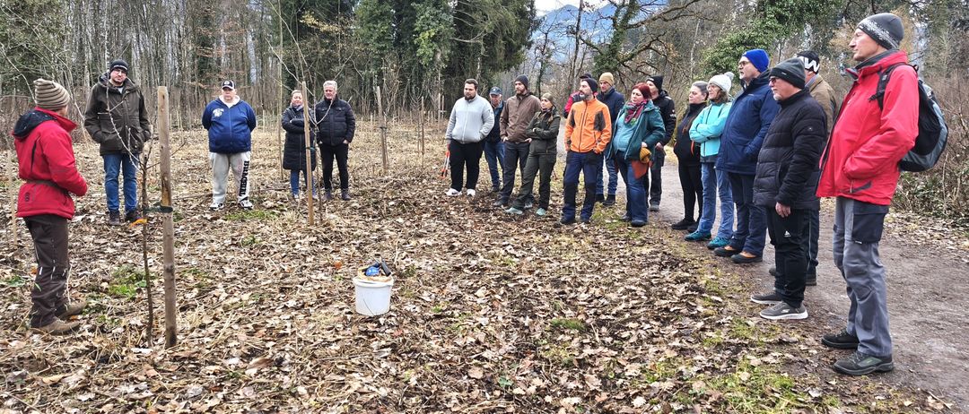 Eine Gruppe von Menschen steht in einem Waldgebiet mit Bäumen und trockenen Blättern. Sie tragen Winterkleidung und einige halten Schaufeln. Ein weißer Eimer steht auf dem Boden. Berge sind in der Ferne sichtbar.
