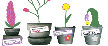 Illustration von Pflanzentöpfen mit rosa Blüten, beschriftet mit 'Rose', gelben Blüten, beschriftet mit 'Narcissus', und lila Blüten, beschriftet mit 'Smile'. Der Text 'Pflanz Tauschboe' ist oben angezeigt.