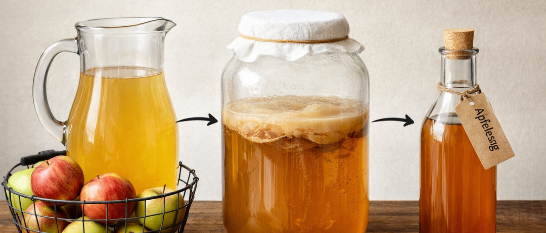 Das Bild zeigt drei Stufen der Apfelessig-Fermentation. Links steht ein Krug mit Apfelwein, gefolgt von einem Glas mit Apfelresten und Flüssigkeit, und rechts eine Flasche mit fertigem Apfelessig.