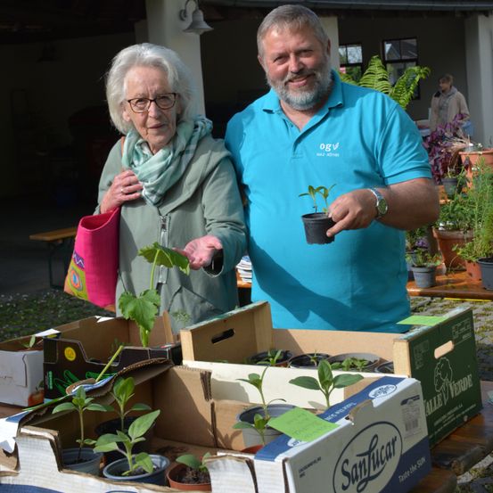 Ein älterer Mann und eine ältere Frau lächeln und posieren für ein Foto mit Pflanzen vor ihnen. Der Mann hält eine Topfpflanze in der Hand, während die Frau eine Handtasche hält. Dahinter stehen mehrere Topfpflanzen auf einem Tisch.