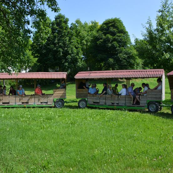 Zwei Holzanhänger mit roten Dächern stehen auf einer Wiese. Menschen sitzen im Inneren, einige stehen. Sie befinden sich möglicherweise auf einer Bauernhoftour. Bäume umgeben das Gebiet.