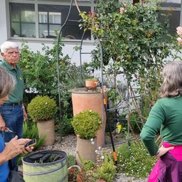 Zwei ältere Erwachsene inspizieren einen Garten. Ein Mann hält ein Telefon, während eine Frau Pflanzen betrachtet. Ein großer Pflanzenkübel und ein Gartenwerkzeug sind in der Nähe.