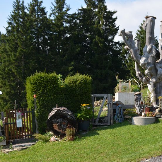 Ein Garten mit einem Holztor und einer großen Logskulptur. Mehrere Bäume, Büsche und Pflanzen umgeben das Gebiet. Ein Gesicht ist in den Baumstamm geschnitzt, und eine Statue steht in der Nähe.