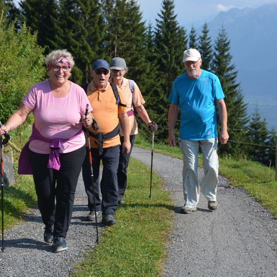 Vier Wanderer, zwei Frauen und zwei Männer, gehen auf einem Kiesweg in einem Wald mit Bäumen und Bergen im Hintergrund. Sie alle tragen Trekkingstöcke.