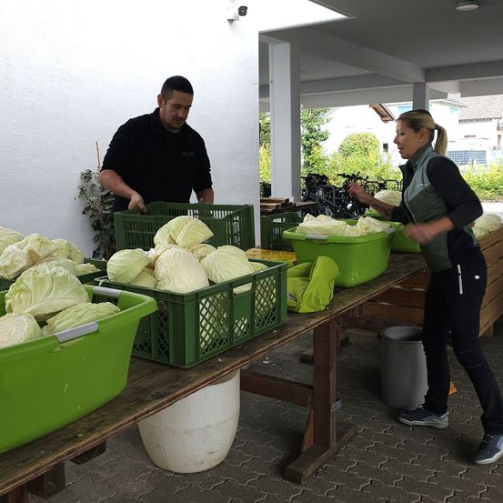 Zwei Personen in einem Lager sortieren Kohl in grüne Kisten auf einem Holztisch. Eine Frau spricht, während der andere Mann still steht.