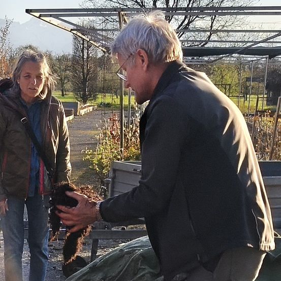 Ein älterer Mann hält einen kleinen Hund in einem Garten, während eine Frau in einer Jacke hinter ihm steht. Im Hintergrund befinden sich Bäume und ein Haus.