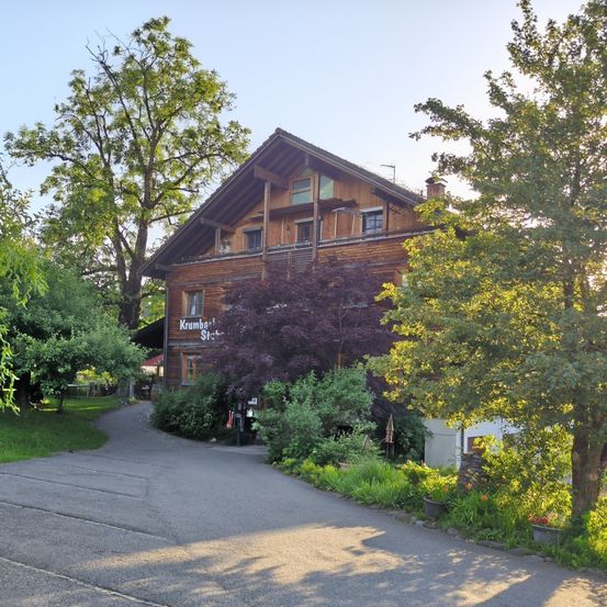 Ein Holzhaus namens Krumbach ist von Bäumen und Pflanzen umgeben. Die Zufahrtsstraße, die zu ihm führt, ist von Rasen und Bäumen auf beiden Seiten gesäumt.