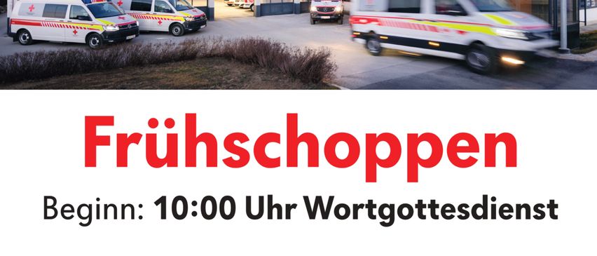Plakat für Fruhschopppen-Veranstaltung. Ambulanzen sind vor einem Gebäude geparkt. Der Text besagt, dass die Veranstaltung um 10:00 Uhr beginnt.