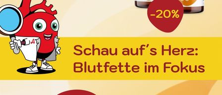 Eine Werbung für Blutfettanalyse in 10 Minuten für 19 Euro. Reduzierter Preis im Vergleich zu 27 Euro. Zwei Flaschen Triplex Lipid und Prochol Balance werden gezeigt. Kostenlose Broschüre im Wert von 4,40 Euro. Ein gezeichnetes Herz hält eine Lupe.