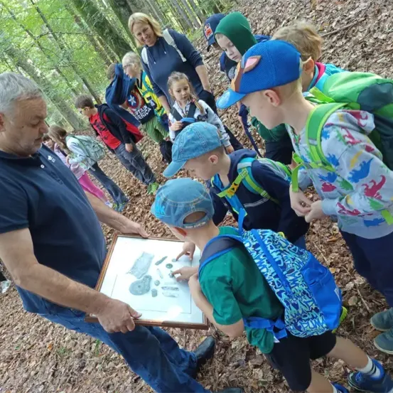 Eine Gruppe von Kindern und Erwachsenen im Wald, wobei ein Mann den Kindern ein Bild von Fossilien zeigt.
