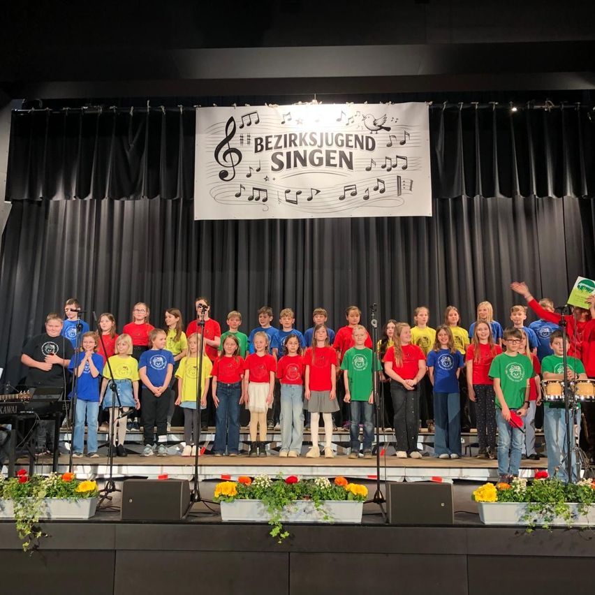 Kinder in roten und grünen Shirts stehen auf der Bühne mit Instrumenten. Ein Banner mit der Aufschrift 'BEZIRKSJUGEND SINGEN' ist über ihnen.