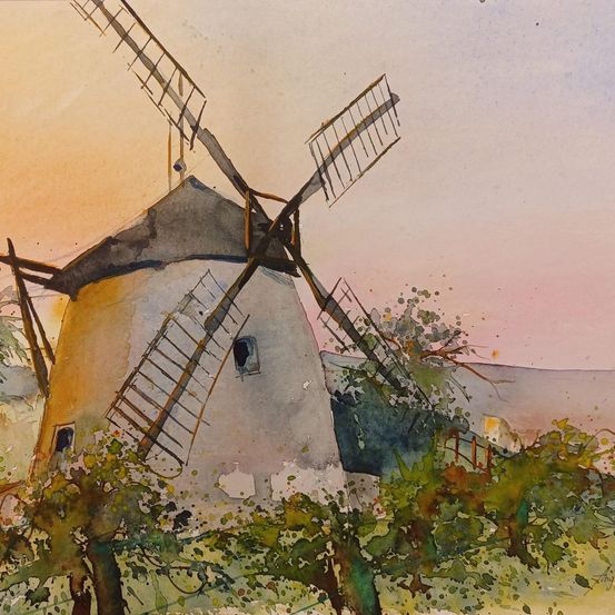 Image contains, Outdoors, Art, Painting, Windmill, Plant