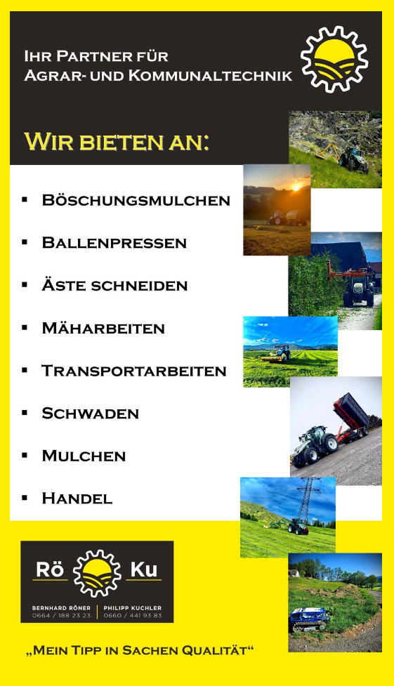 Ein gelbes und schwarzes Plakat mit einer Liste angebotener Dienstleistungen, einschließlich Mulchen, Ballenpressen, Baumschnitt, Mähen, Transport, Rodung, Mulchen und Handel. Jede Dienstleistung wird von einem relevanten Bild begleitet. Das Plakat trägt den Titel 'Wir bieten an:'.