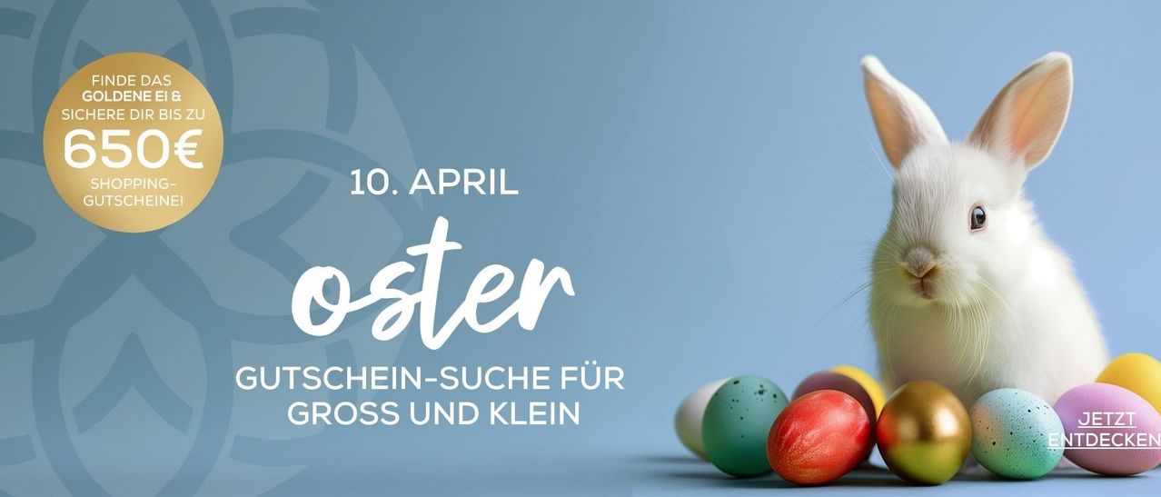 Plakat mit blauem Hintergrund und weißem Text '10. April' und 'Eiersuche für Groß und Klein', mit vier Ostereiern auf der rechten Seite.