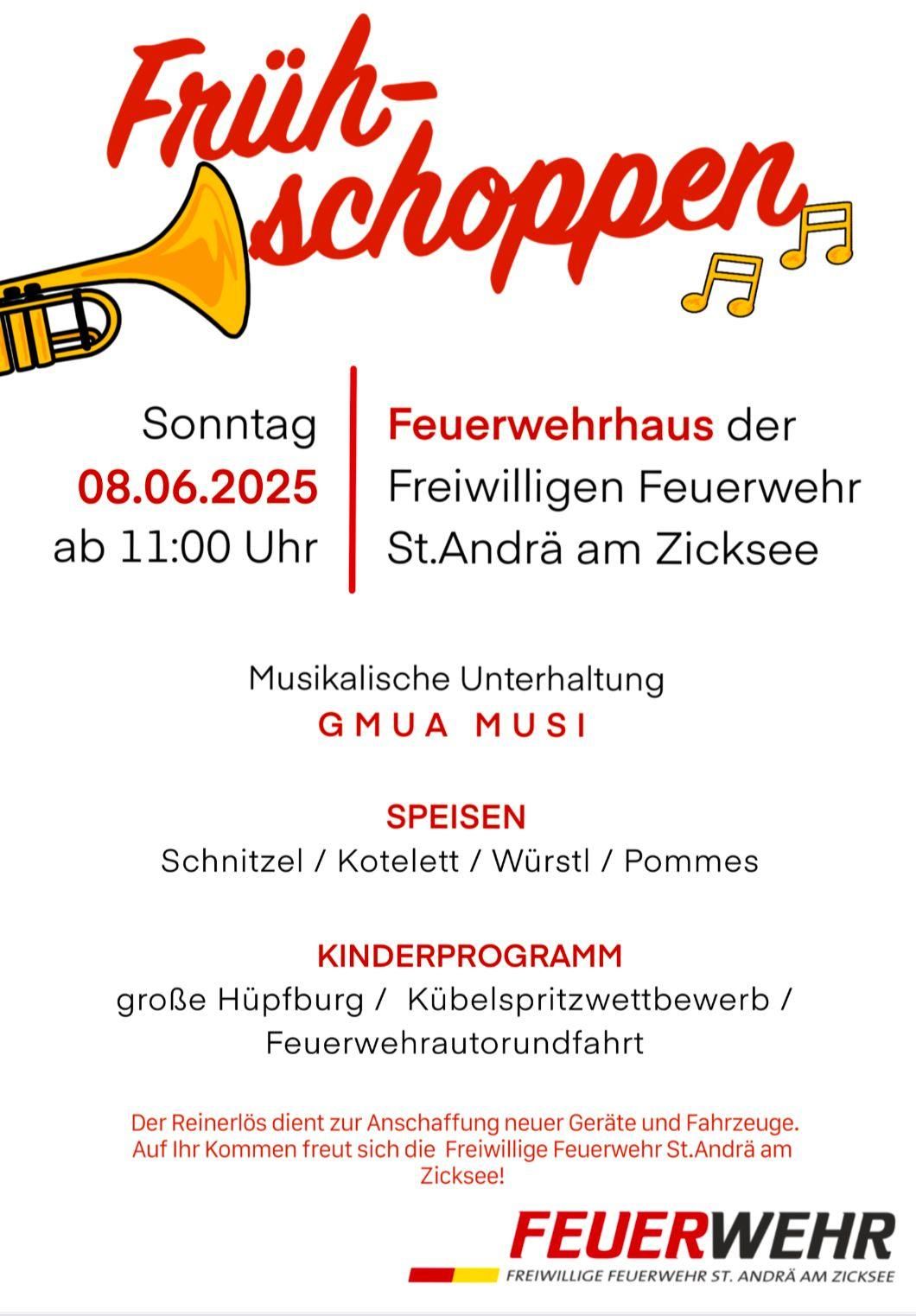 Eine Werbung für eine Musikveranstaltung in der Freiwilligen Feuerwehr St. Andrä am Zicksee am 08.06.2025 ab 11:00 Uhr. Zum Programm gehören musikalische Unterhaltung, ein Kinderprogramm und verschiedene Speisen.