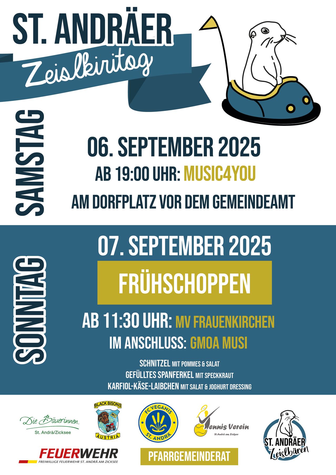 Plakat für ein Wochenende-Event im September 2025. Samstag, 6. September, Musik startet um 19:00 auf dem Dorfplatz. Sonntag, 7. September, Frühstück beginnt um 11:30 mit MV Frauenkirchen.