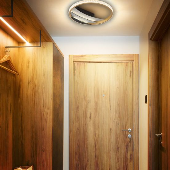 Ein Flur mit Holzwänden und -böden, ausgestattet mit einer runden Deckenleuchte. Rechts befindet sich eine Holztür mit silbernem Griff.