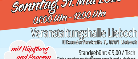 Plakat für einen Sportmarkt-Event am Sonntag, 31. Mai 2026, von 8:00 Uhr bis 12:00 Uhr in der Veranstaltungshalle Lieboch. Tische werden bereitgestellt und eine Online-Anmeldung ist erforderlich. Kontakt: m.wippel@hotmail.com, Tel: 0676/9066003.