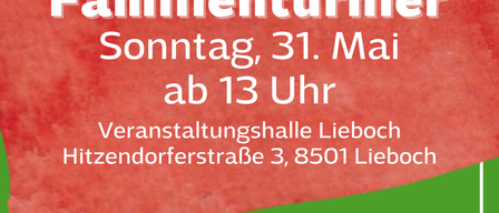 Werbeposter für Riesenwuzzler Familienturnier, am Sonntag, 31. Mai ab 13 Uhr in der Veranstaltungshalle Lieboch, Htizendorferstrasse 3, 8501 Lieboch. QR-Code zur Anmeldung, Kontakt Michael Wippet unter 0676 90 66 003. Anmeldung für 4 Spieler. Mindestens 1 Spieler pro Team muss unter 14 Jahre alt sein. Kostenlose Teilnahme.