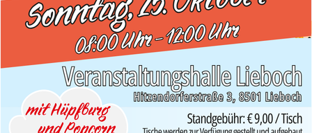 Plakat für einen Sport- und Flohmarkt am 25. Oktober mit Kindern, die mit einem Fußball spielen, Popcorn und einem QR-Code für die Online-Anmeldung.