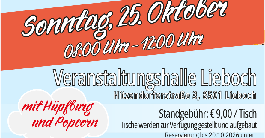 Plakat für einen Sport- und Flohmarkt am 25. Oktober mit Kindern, die mit einem Fußball spielen, Popcorn und einem QR-Code für die Online-Anmeldung.