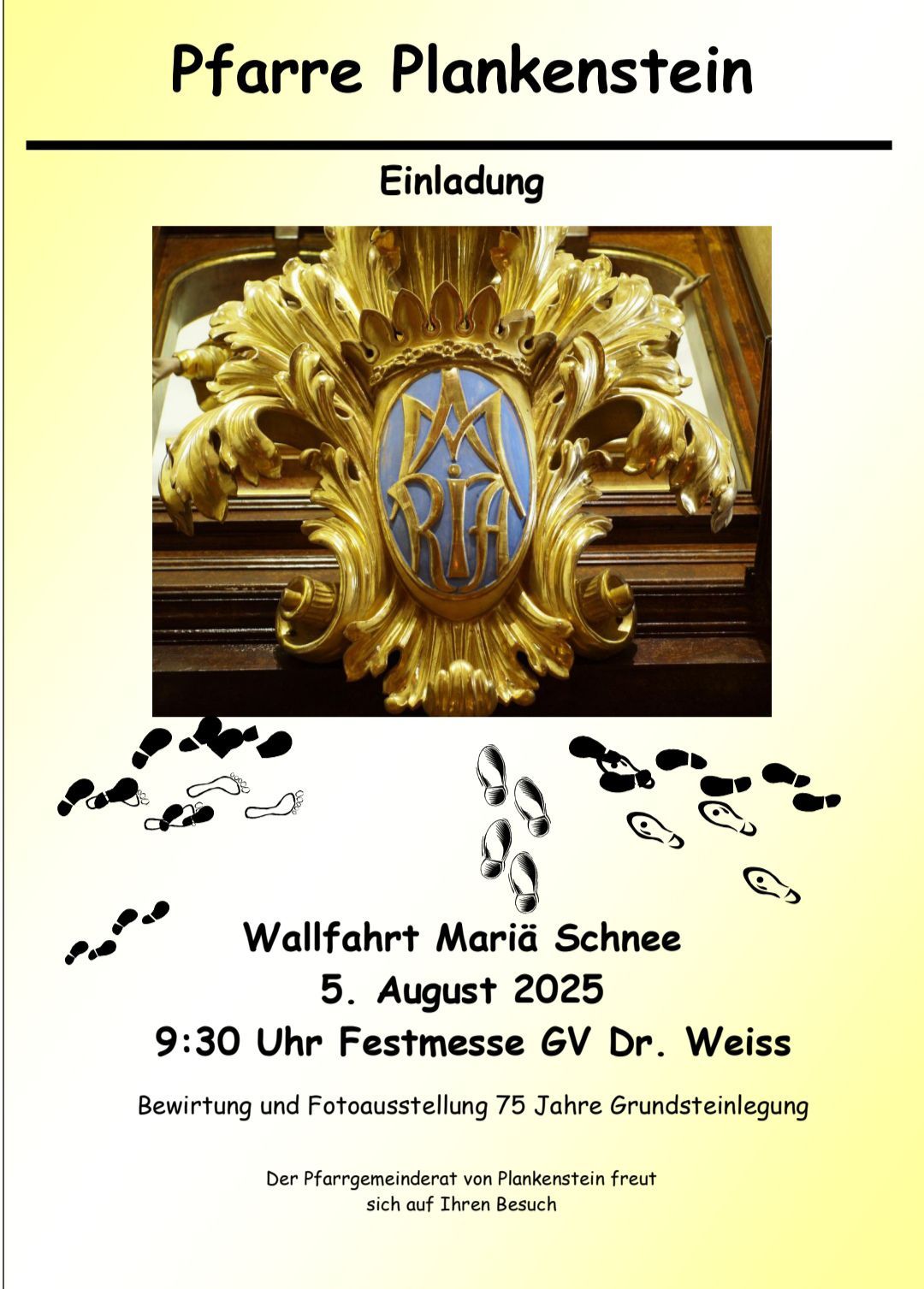 Plakat für eine Wallfahrt nach Maria Schnee mit goldenem Emblem und Datum 5. August 2025, mit einer Messe um 9:30 Uhr von Dr. Weiss.