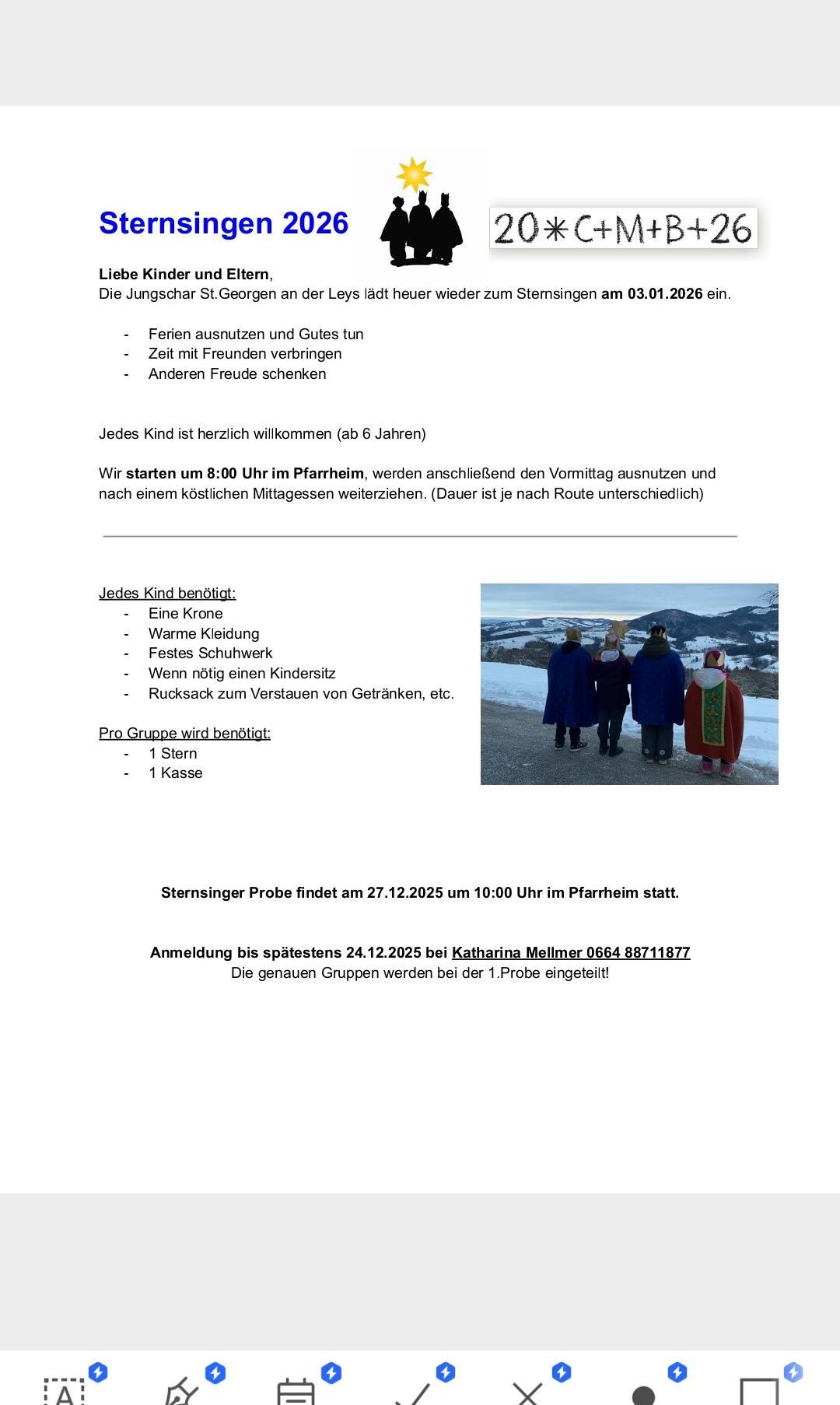 Ein Plakat zeigt eine verschneite Szene mit Menschen in traditionellen Kostümen. Es wird erwähnt, dass jedes Kind ab 6 Jahren willkommen ist. Die Veranstaltung beginnt um 8:00 Uhr in Pfarheim. Jedes Kind benötigt eine Krone, warme Kleidung, festliche Schuhe und einen Rucksack. Die Gruppen werden bei der ersten Probe bekannt gegeben.