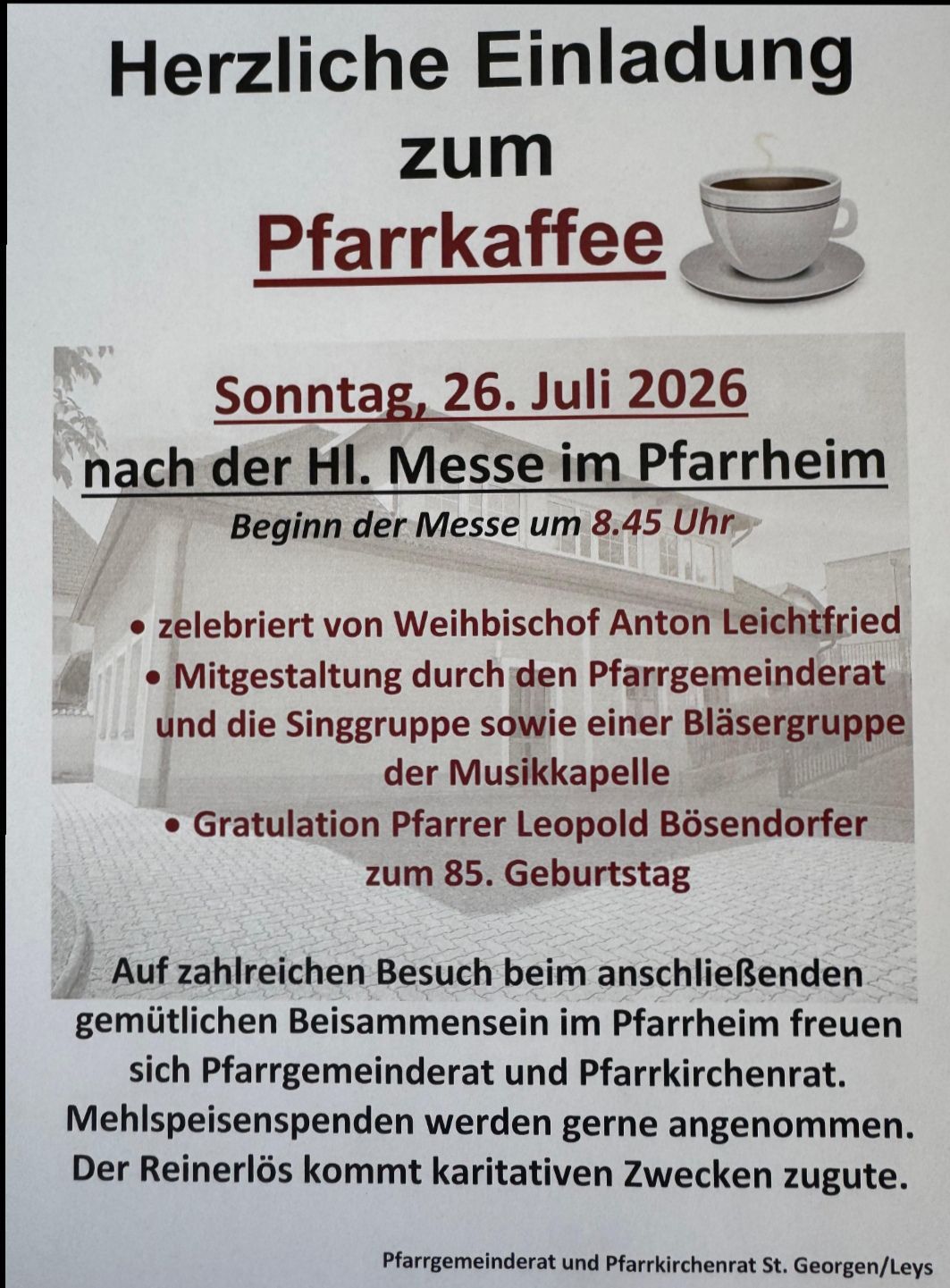 Poster for Pfarrkaffee event on July 26, 2026, featuring a cup of coffee, a church, and a celebration for Pfarrer Leopold Bösendorfer's 85th birthday.