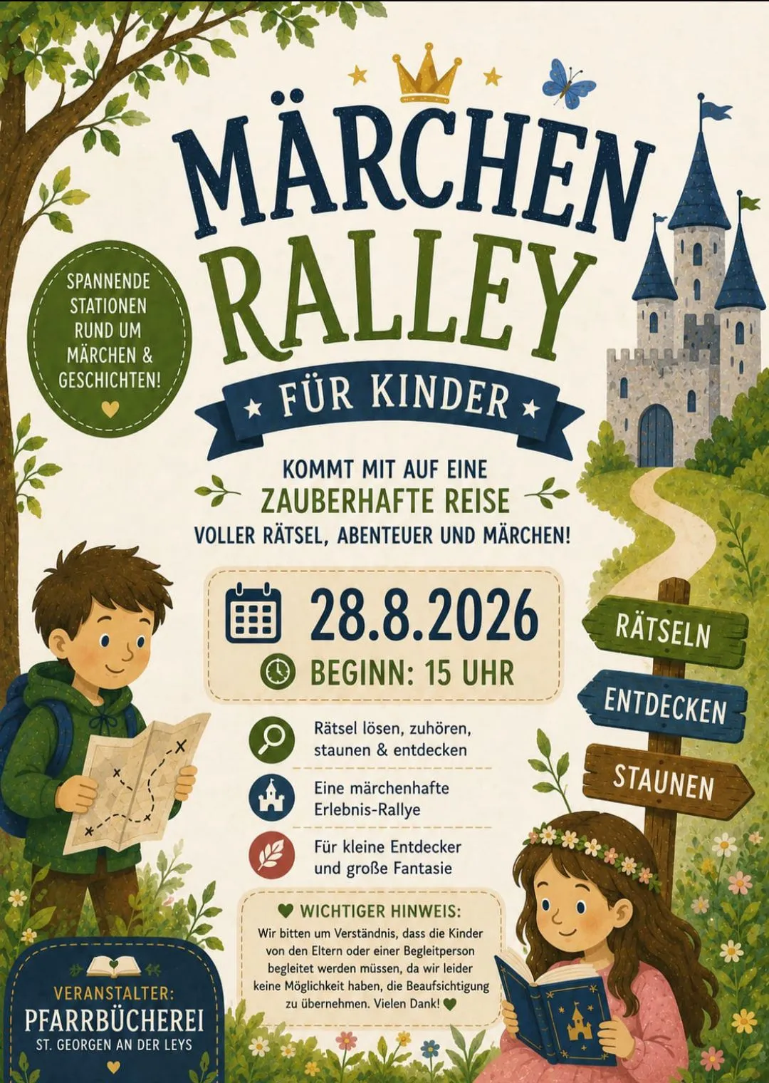 Plakat für eine Märchenrallye für Kinder mit einem Jungen mit Karte und einem Mädchen mit Blumen im Haar, vor dem Hintergrund einer Burg und einem gewundenen Pfad. Die Veranstaltung ist für den 28. August 2026 um 15 Uhr geplant.