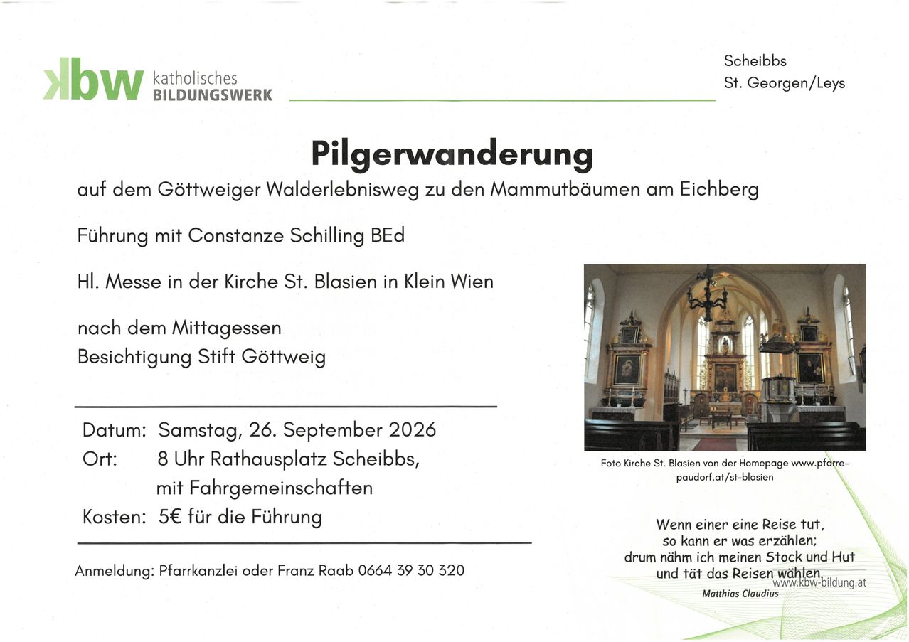 A flyer for a pilgrimage to the Mammutbaume at Eichberg with Constance Schilling. The event will take place on September 26, 2026, at 8 AM at Rathausplatz Scheibbs.