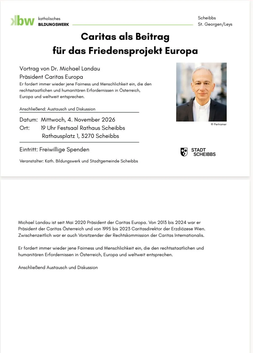 Eine weiße Seite mit schwarzem Text und einem Foto eines Mannes im Anzug. Der Titel lautet 'Caritas als Beitrag für das Friedensprojekt Europa'.