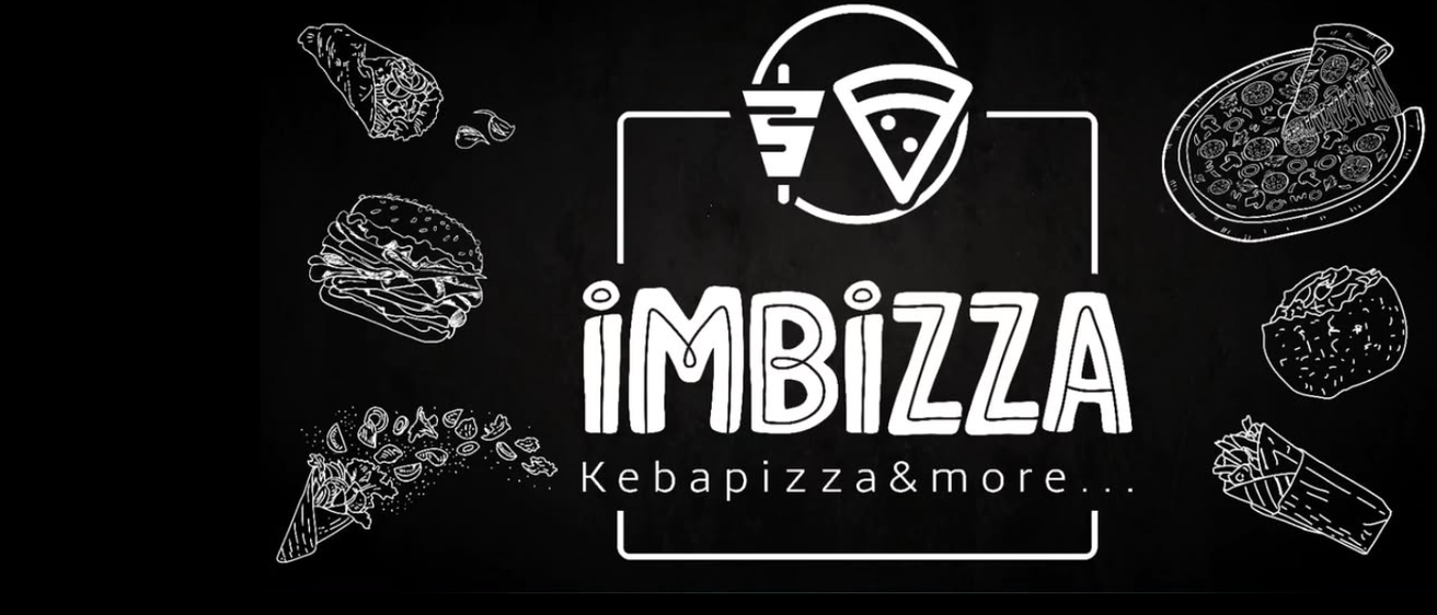 Ein Kreidetafel-Menü zeigt verschiedene Essensillustrationen, darunter eine Pizza, Burger und ein Eisbecher. Unten sind das Logo 'iMBIZZA' und der Text 'Kebappizza & mehr...' zu sehen.