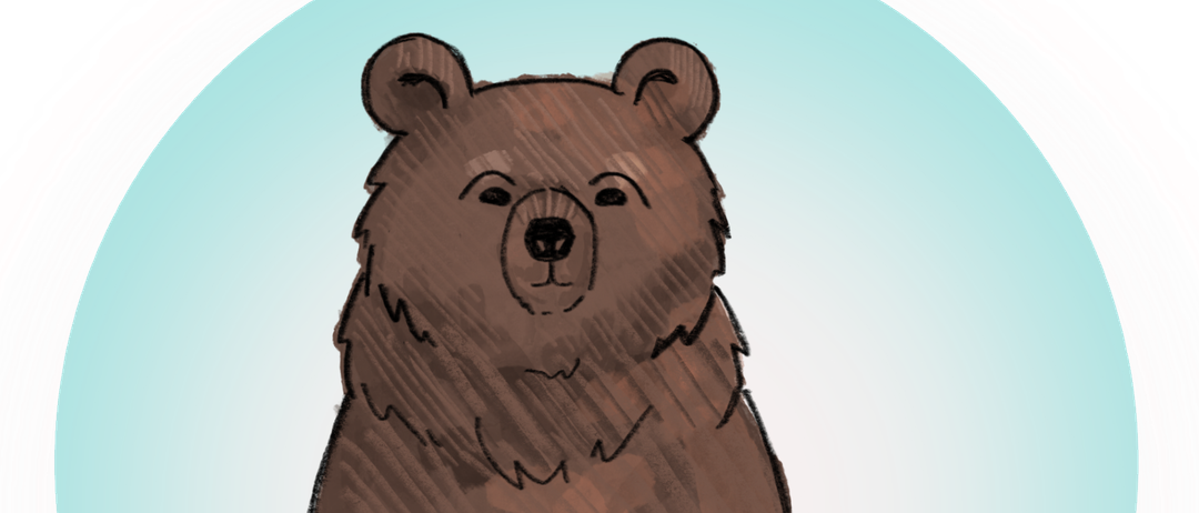 Ein brauner Bär sitzt auf einem blauen Kreishintergrund. Der Bär hat einen ernsten Ausdruck im Gesicht.