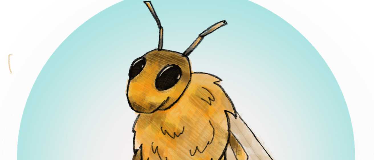 Illustration einer Biene mit hellgelben und dunkelbraunen Streifen auf blauem Hintergrund. Sie hat große schwarze Augen und zwei Flügelpaare.