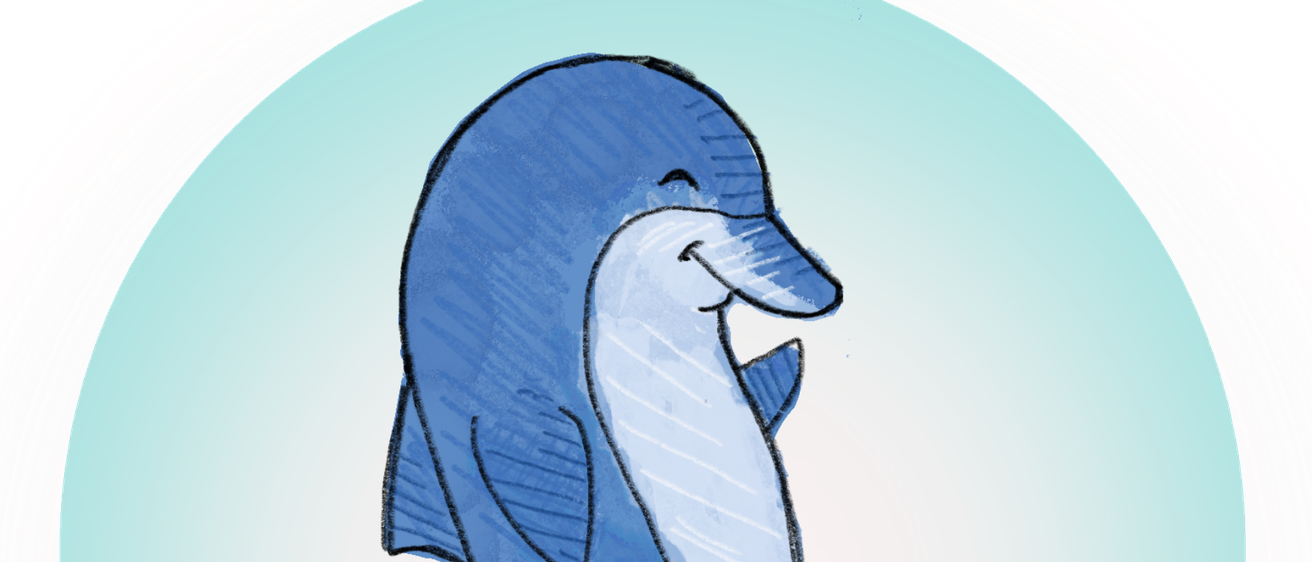 Eine stilisierte Illustration eines blauen Delfins steht aufrecht in einem Kreis, lächelt und wirkt verspielt.