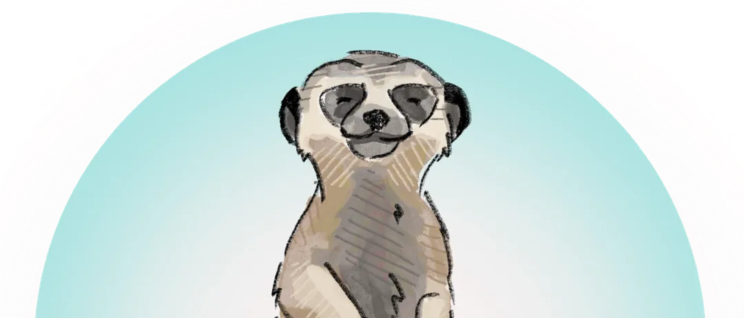 Eine gezeichnete Meerkat steht aufrecht, der Kopf geneigt, auf blauem Hintergrund. Es wirkt aufmerksam und neugierig.