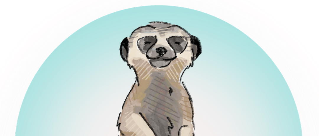 Eine gezeichnete Meerkat steht aufrecht, der Kopf geneigt, auf blauem Hintergrund. Es wirkt aufmerksam und neugierig.