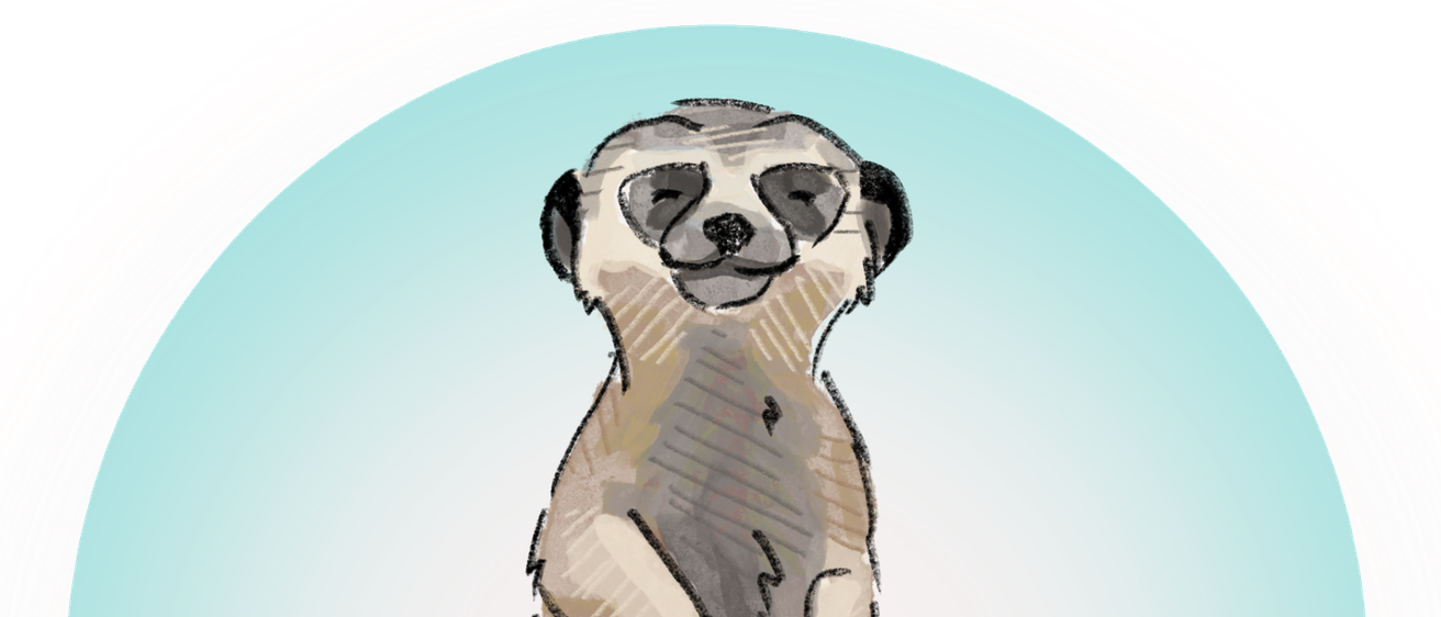 Eine gezeichnete Meerkat steht aufrecht, der Kopf geneigt, auf blauem Hintergrund. Es wirkt aufmerksam und neugierig.