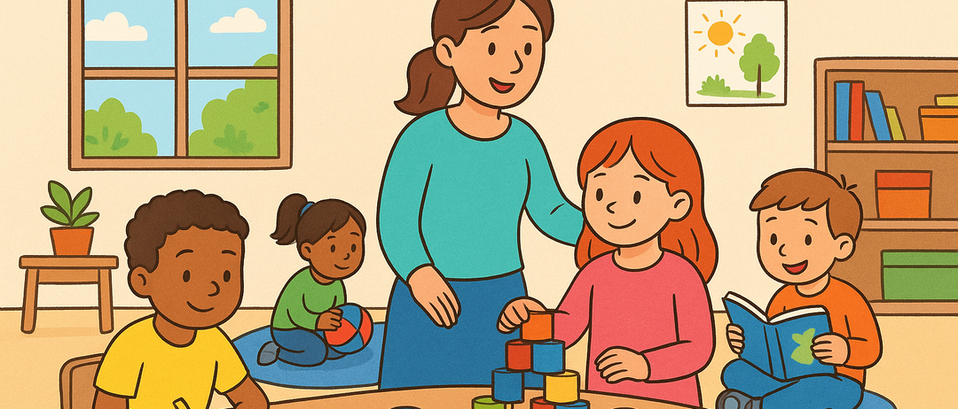 Illustration einer Frau, die Kindern in einem Klassenzimmer hilft, mit Bauklötzen spielt und ein Buch liest.