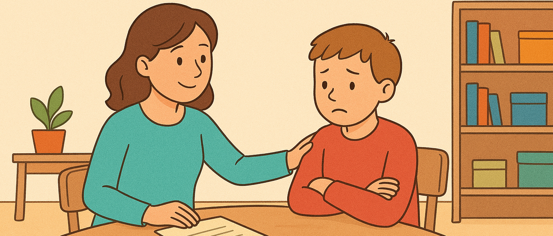 Eine Illustration einer Frau und eines Jungen, die an einem Tisch sitzen, mit einem Papier vor ihnen. Die Frau tröstet den Jungen.